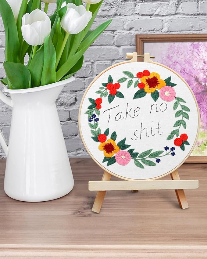 ERKOON Embroidery Kit for Beginners, Flower Cross Stitch Set for Include Embroidery Cloth Hoops Threads for Craft Lover Hand Stitch with Embroidery Skill Techniques (Happiness Wreath)