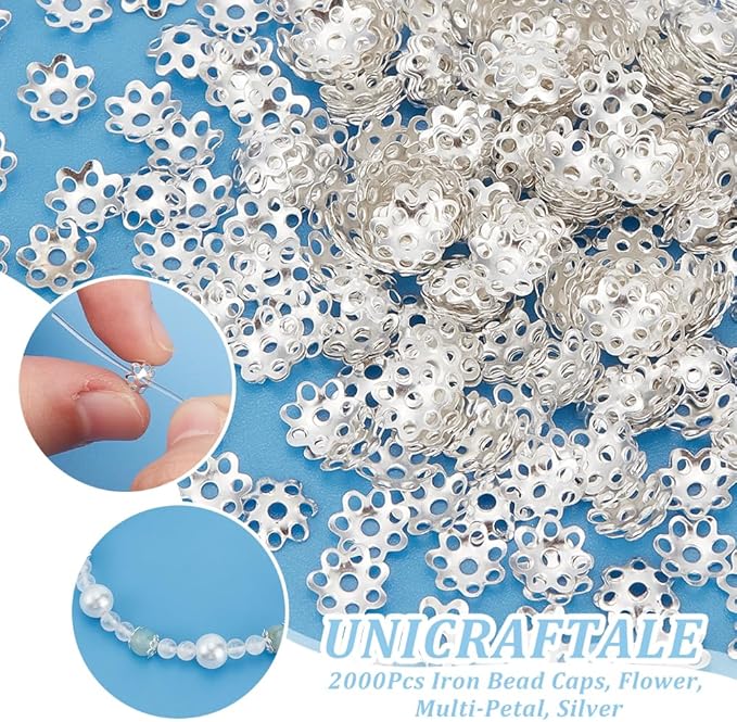 UNICRAFTALE 2000Pcs Silver Filigree Loose Spacer Beads 6mm Iron Flower End Caps Multi-Petal Bead Caps for Jewelry Making Crafts
