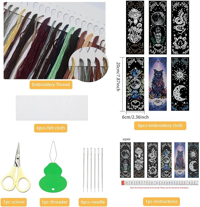 NEGEKFKX 6 Pcs Magical Witchy Cross Stitch Bookmark Kit for Adult Beginners,Cross Stitch Kits 14 CT DIY Crossstitch Kits Adult Stamped Bookmark Embroidery Bookmarks Kit