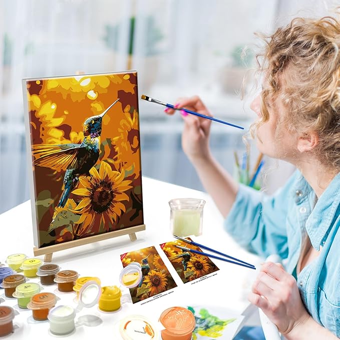 ATDMS Bird Paint by Numbers Kit for Adults with Frame Landscape Paint by Number with Easel DIY Flower Adult Paint by Number Kits Sunflower Paint by Numbers Kit on Canvas for Home Wall Decor 8x12 Inch