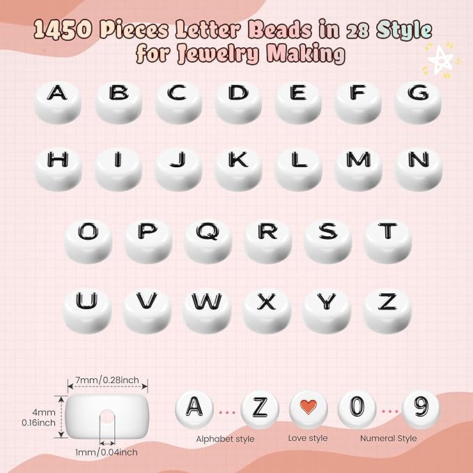 1400 Pcs Letter Beads Kit, 28 Styles White Acrylic Alphabet Beads Letter Beads for Jewelry Making wiht Number Beads Heart Beads Friendship Bracelet Kit