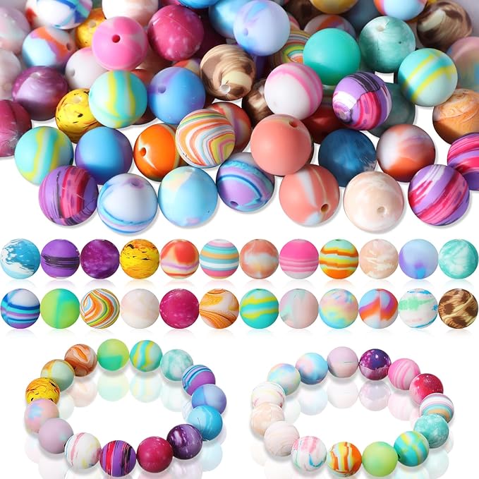 Ferreve 120 Pcs 15mm Silicone Beads Bulk Flower Silicone Beads Floral Print Rubber DIY Bracelet Making Kit for Keychain Making Pens Necklace Jewelry(Stylish)