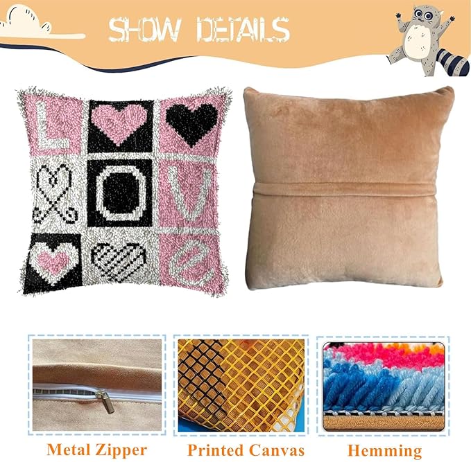 EMISTEM Latch Hook Kits for Adults - Latch Hook Pillow Kits, Crochet Yarn Kit for Beginners, DIY Needlework Crafts Cover Case with Printed Canvas, Gift Packaging. (Love Words,17x17 inch)