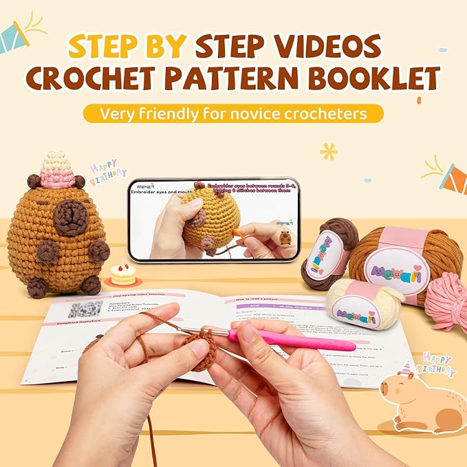 Mewaii Crochet Kit for Beginners Level 1 with 40% Extra Eco-Friendly Pre-Started Easy Yarn, Step-by-Step Video Tutorials for Adults and Kids (Happybara)