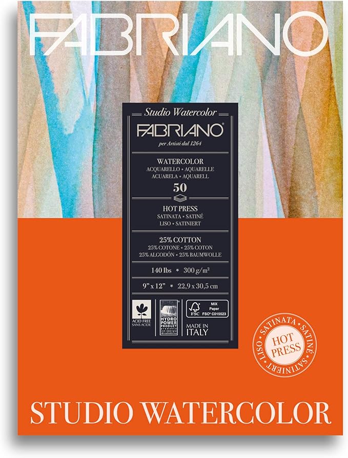 Fabriano Studio Watercolor Pad, Hot-Press, 9" x 12", 140 lb., 50 Sheets, White