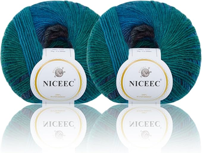 NICEEC 2 Skeins Rainbow Soft Yarn 100% Wool Gradient Multi Color Yarn for Crocheting Knit Total Length 180m×2(196yds×2,50g×2)-8#