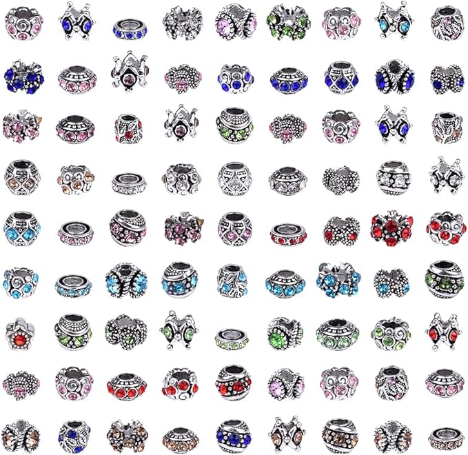 60 Pieces Assorted European Beads with Plating Silver Metal Alloy Rhinestone Large Hole Spacer Beads for DIY Charm Bracelet Jewelry Making (Aqua)