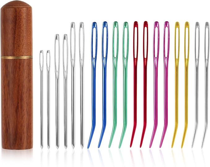 18pcs Large Eye Hand Knitting Needles, Aluminum Big Eye Sewing Needles Kit with Curved Needle & Blunt Needle & Wooden Needle Case for Quilting Beading Crochet Projects for Twine Yarn Wool
