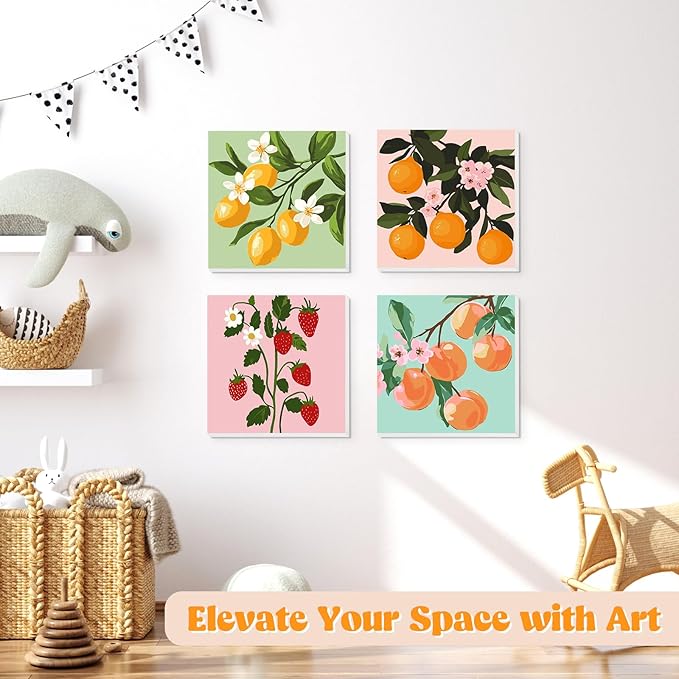 Lxmsja 4 Pack Fresh Fruit Harvest Paint by Numbers Kit for Adults, Easy Framed Paint by Numbers for Adults Beginner, DIY Acrylic Oil Painting Craft Kits for Home Wall Decor 8x8 inch
