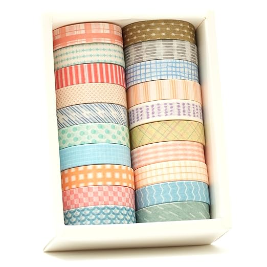20 Rolls Basic Washi Tape Set Japanese Arts Adhesive Tapes Simple Patterns Decorative Masking Tape Sets for Craft, Kids, Scrapbook, DIY, Gift Wrapping (Style One)