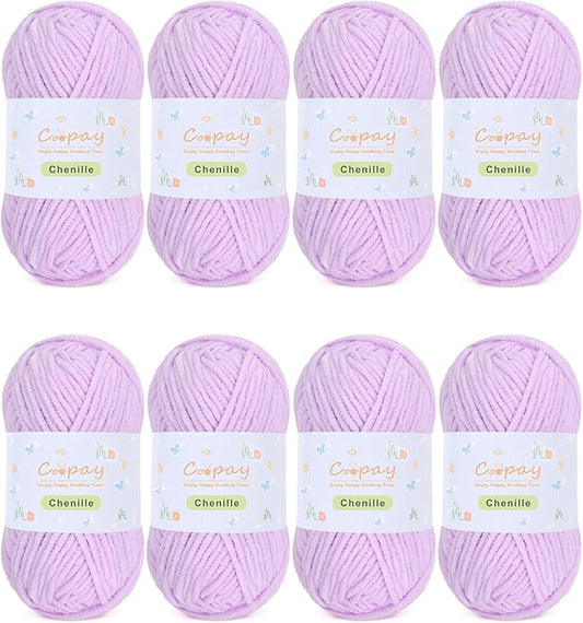 Coopay Chenille Yarn for Crocheting, 8 Pack Medium Weight Yarn - CYC #4 - Total 520yd, Soft Crochet Yarns for Plush Toys, Blankets, Scarves (Purple)