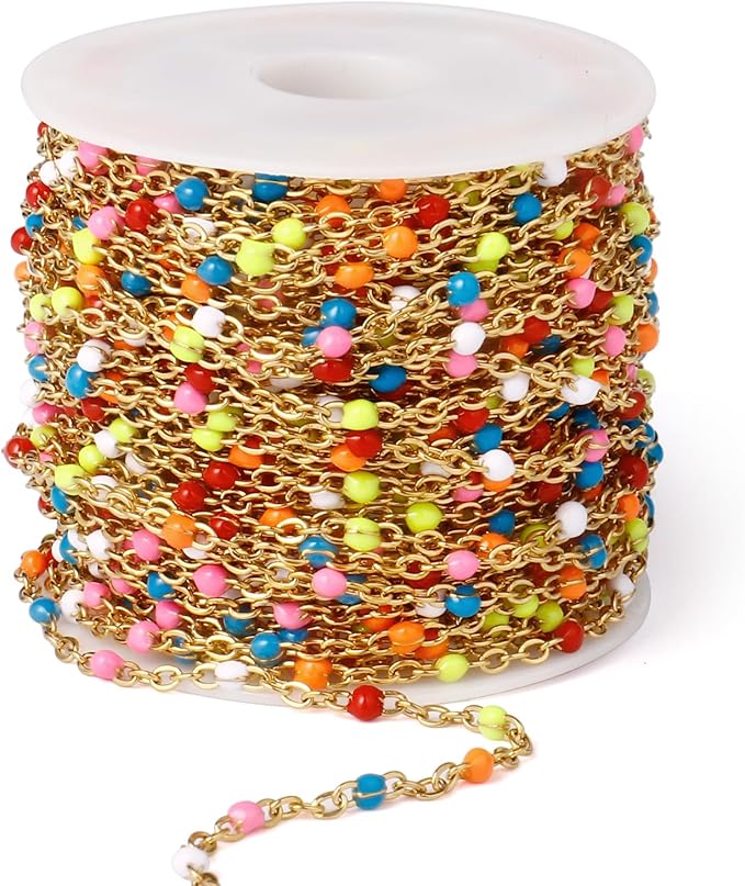 33 Feet Gold Enamel Chains Bulk, 2mm 18K Gold PVD Plated 304 Stainless Steel Colorful Enamel Beaded Cable Link Chain Roll Spool for Jewelry Making