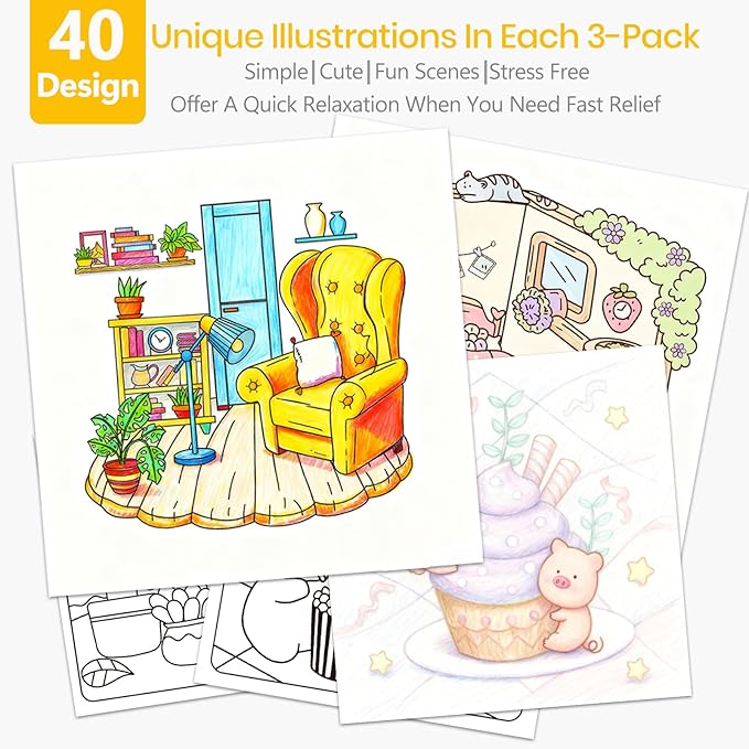 Cute Coloring Book Set for Teens Adults Relaxation, Easy and Simple Designs Coloring Book for Teens Girls, Stress Relief Gifts for Women with 36 Colors Markers & 12 Glitter Pens & 12 Colored Pencils