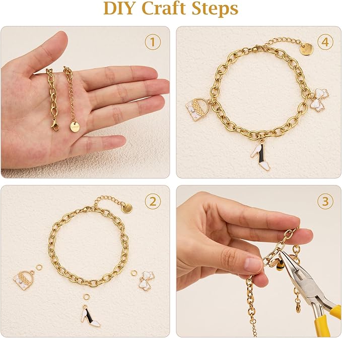 10 PCS 6.7 Inches Charm Bracelet Chains for Jewelry Making Gold Plated Stainless Steel Chain Link Bracelets Set with Lobster Clasps Adjustable Extender