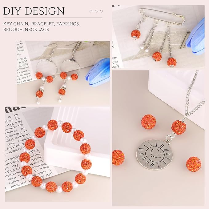 100 pcs 10mm Rhinestone Beads for Jewelry Making, Orange Shiny Round Shamballa Disco Beads Bulk, Sparkle Crystal Clay Christmas for Bracelet Baseball Necklace Earring Crafting and DIY