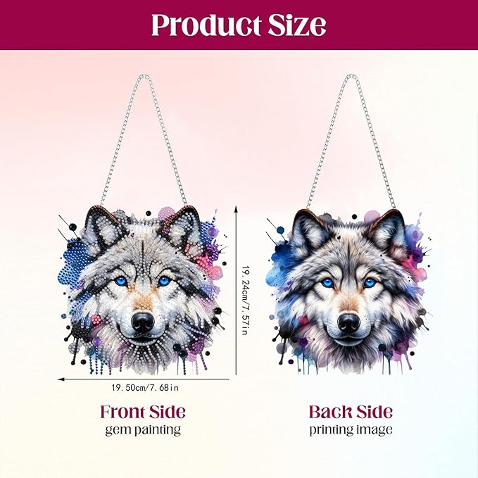 Masendp Wolf Diamond Art Pendant Kit, 5D DIY Special Shape Diamond Art Kit for Adults, Crystal Rhinestone Wolf Diamond Painting Animal Gem Artist Home Decorations