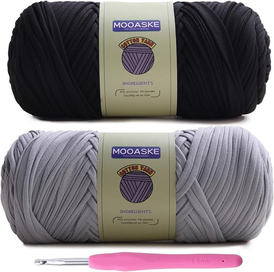 2 Pack T-Shirt Crochet Yarn for DIY Knitting Crochet Cloth Blanket Bag Dolls - 400g Chunky Thick Yarn for Crocheting with Polyester-Spandex Blend Elastic Fabric (Black+Gray)