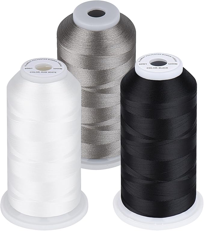 Simthread 60WT Bobbin Fill Thread Machine Embroidery Thread 5000M 3-Pack White Black Silver