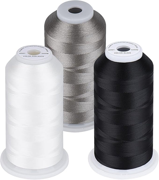 Simthread 60WT Bobbin Fill Thread Machine Embroidery Thread 5000M 3-Pack White Black Silver