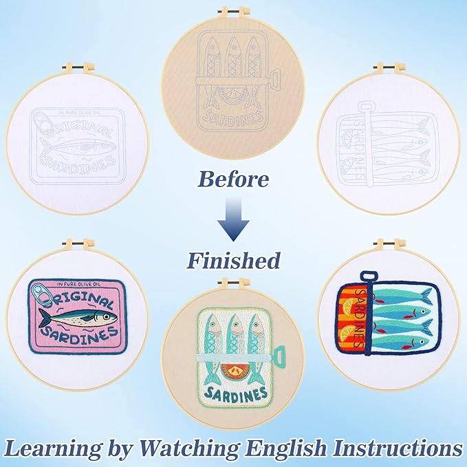Mindsoft 3 Sets Sardine Embroidery Kit with Embroidery Hoop Easy Pattern Needlepoint Kit for Beginners and Adults Hand Crafts Needlepoint Set with Needles Thread and Instruction