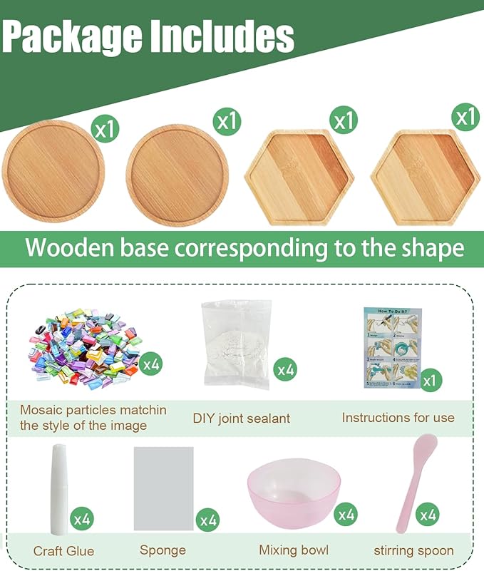 4 Sets DIY Mosaic Kits for Adults with Wooden Coasters, Mixed Color Glass Mosaic Tiles Craft Kits for Adults Women, Complete Mosaic Coaster Making Kit for Home Decor Gifts (4, Laser Style)