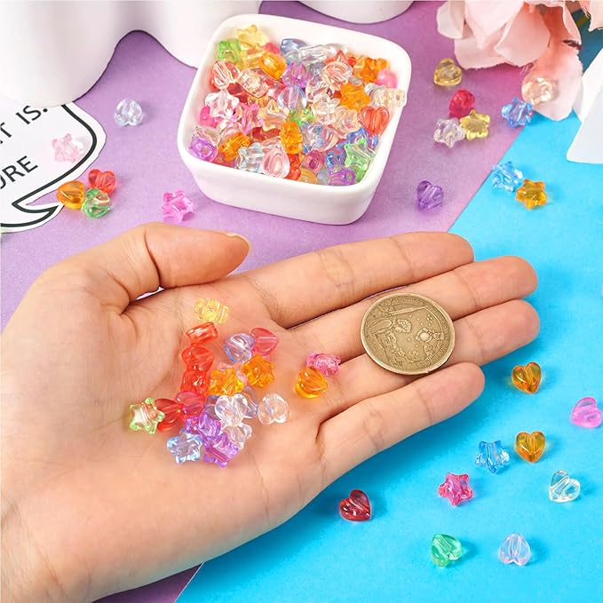 FASHEWELRY 480pcs Clear Acrylic Star Heart Beads - Transparent Colorful Assorted Pastel Cute Kawaii for Bracelets Jewelry Making