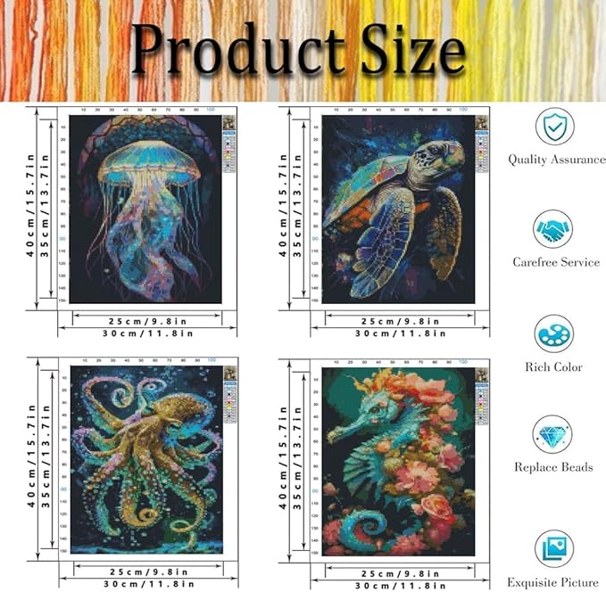 4 Pack Stamped Cross Stitch Kits for Adults - Cross Stitch Kits for Beginners,11 CT Ocean Animal Cross Stitch Patterns Dimensions DIY Counted Cross Stitch Kits for Adults Arts Craft 12x16 inch