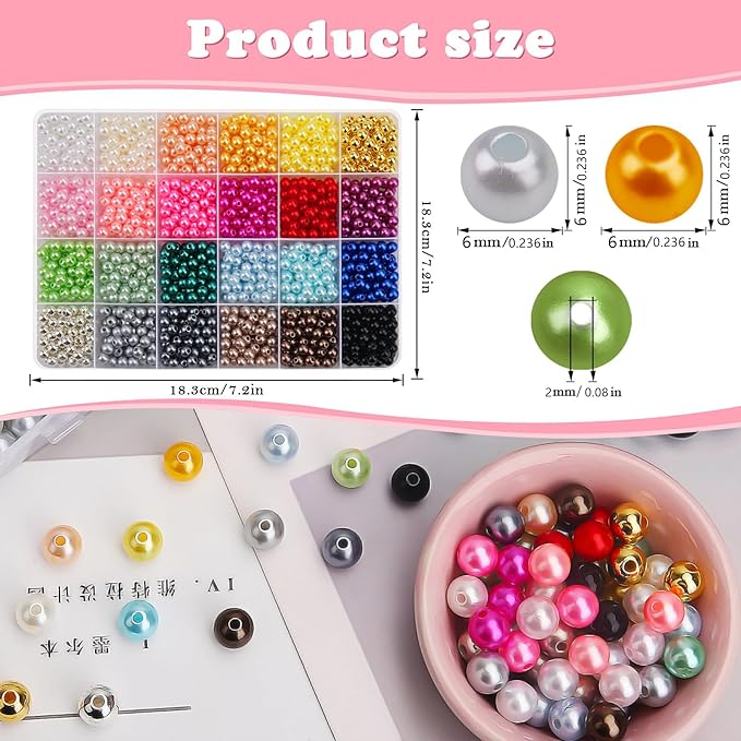 BONNY BOXX 1440 PCs Pearl Beads Set for Jewelry Making, 6MM Round ABS Faux Pearls with Holes for Bracelets, Necklaces, Earrings, Vase Filler