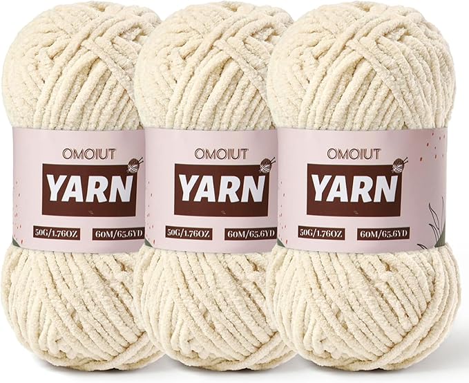 3 Packs Plush Chenille Chunky Crochet Yarn - Baby Yarn for Crocheting Soft - Velvet Yarns Knitting for Blankets Crafts - Fluffy Amigurumi Yarns 150g/196.8yds (3 Beige)