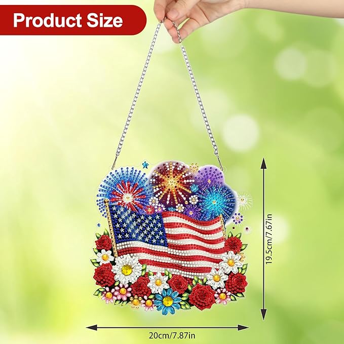 CEOVR American Flag Hanging Diamond Art for Adults, Independence Day Diamond Painting Pendant DIY Gem Art Wall Ornament, Acrylic Home Garden Decor with Chain, Box Kit 7.87×7.67 inch