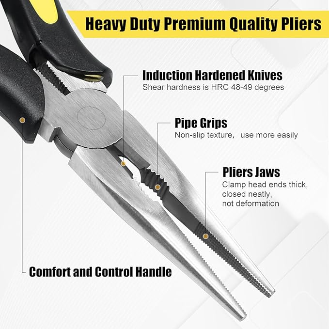 zuzuan premium long needle nose pliers-8’’, paper clamp precision, high carbon steel, soft grip with wire cutter, long nose cutting pliers for home, fishing, jewelry, crafts,2pcs