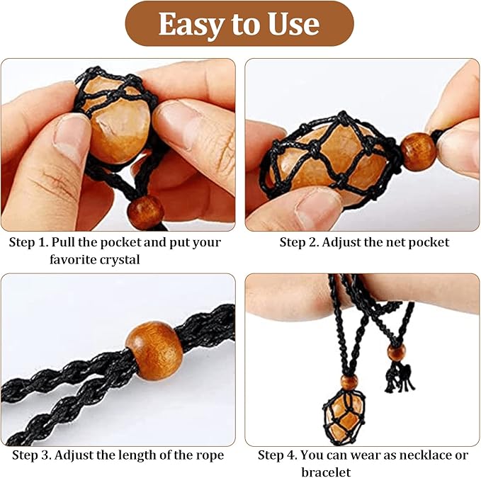 ZYNERY 9 Pcs Crystal Necklace Holder, Adjustable Crystal Holder in S M L, Woven Cage Necklaces for Jewelry Making DIY Crafts Accessories Stone Holder Necklace Cord Black, Brown, White