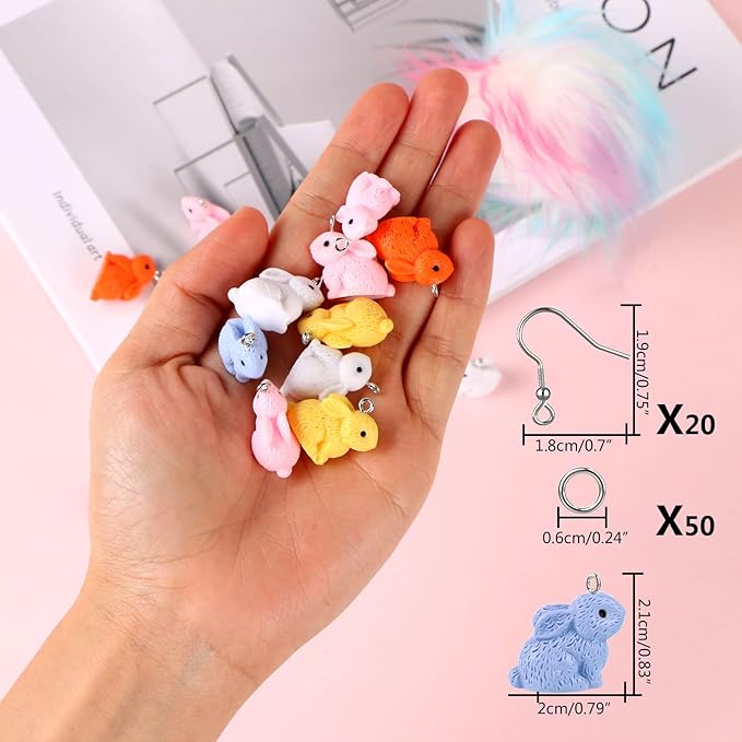 BENOSPACE 20 pcs Easter Rabbit Charm Pendant 3D Resin Bunny Bead Animal Decoration with 50 pcs Open Loops and 20 pcs Ear Hooks Jewelry Making Kit for DIY Bracelet Necklace Keychain Crafts