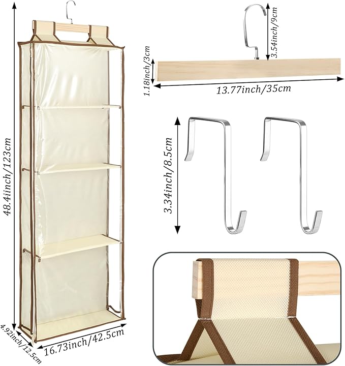 Clear Hanging Yarn Storage with 4 Large Pockets, 48"x17" Clear Knitting Organizer Storage with Zippers for Crochet Lovers, Hanging Yarn Holder with Over-Door Hooks for Knitting Needles Crochet Hooks