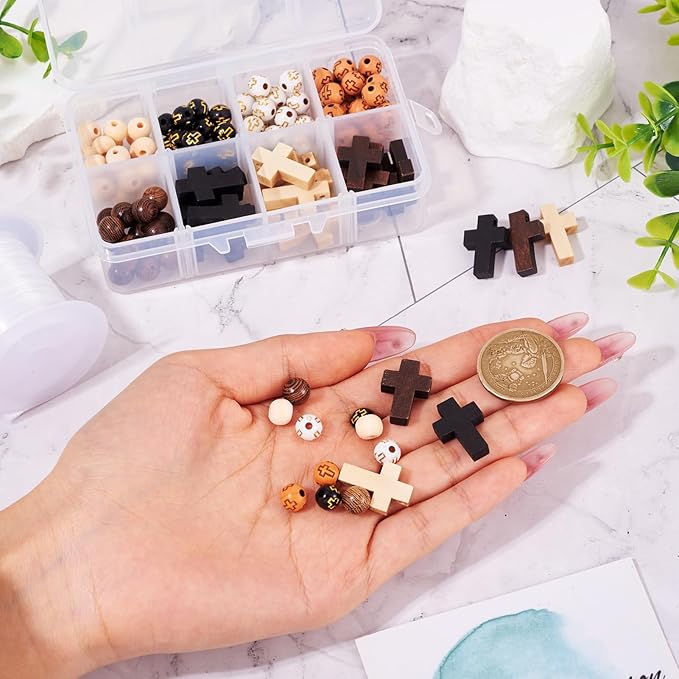 Beadthoven 211pcs/Box Rosary Making Kit, Wood Cross Beads 8mm Acrylic Cross Round Beads Spacers Easter Crucifix Cross Charms for Bracelet Jewelry Making Kit DIY Crafts