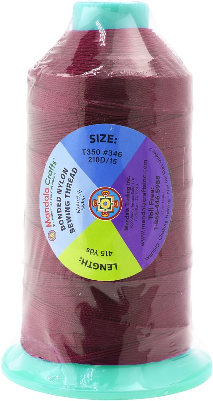 Mandala Crafts Size 346 210D T350 Bonded Nylon Thread - Wine 415 YDs Tex 350 Heavy Duty Sewing Threads for Leather, Jeans, Weaving, Outdoor Marine Upholstery