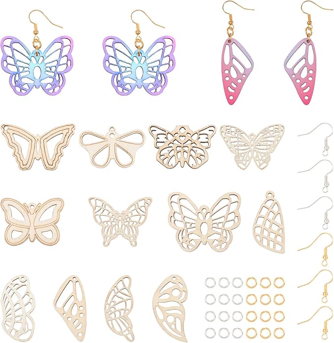 48pcs Wood Butterfly Charms Unfinished Natural Wood Filigree Wing Pendants & 50pcs Earring Hooks & 50pcs Jump Rings for Boho Earring DIY Jewelry Making