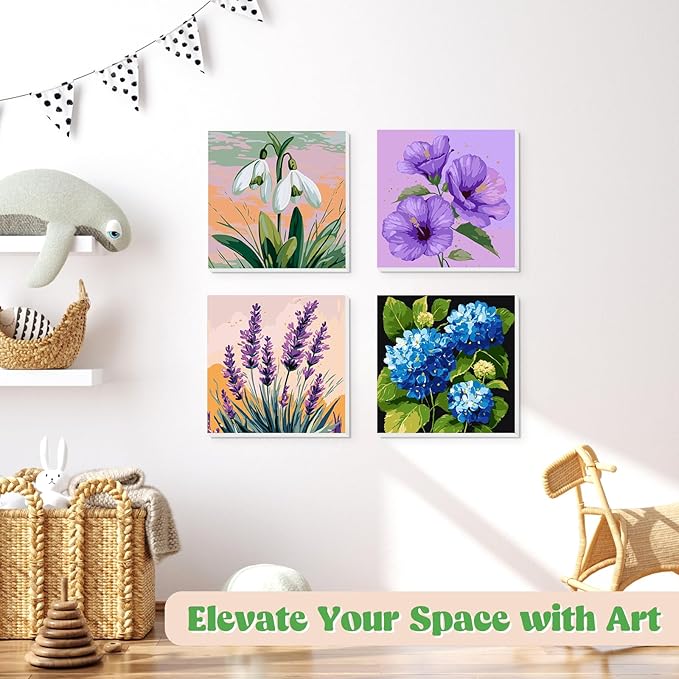 Lxmsja 4 Pack Whispers of Bloom Paint by Numbers Kit for Adults, Easy Framed Paint by Numbers for Adults Beginner, DIY Acrylic Oil Painting Craft Kits for Home Wall Decor 8x8 inch