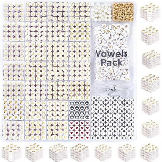 1650 Pcs Gold Letter Beads for Bracelets - Round White Alphabet Beads with Extra Vowels, Numbers & Spacers - Ideal for Friendship Bracelets, Necklaces