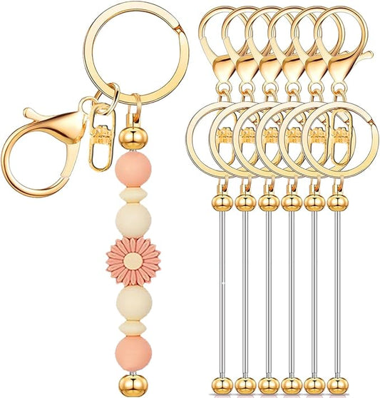 6 Pcs Beadable Keychain Bars Bulk for Beads DIY Blank Keychain Metal Beaded Keychains for Bead Key Chain Making Kit Crafts Gift Gold