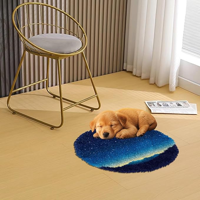 Latch Hook Rug Kit Stars Night Sky Moon Stamped Handmade Round Shape Carpet Crochet Yarn Craft DIY Hook and Latch Door Mat Tapestry for Home Floor Decor 50x50cm