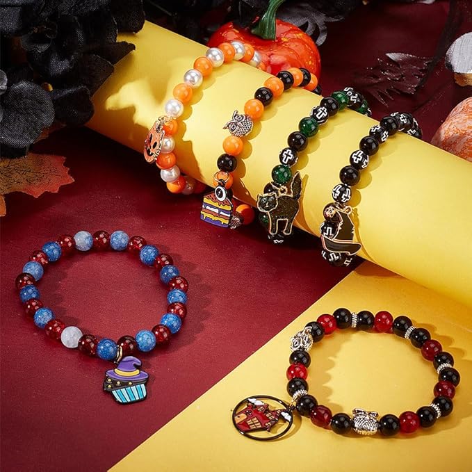 SUNNYCLUE 1 Box 6 Set Halloween Bracelet Making Kit Halloween Bead Magic Witch Hat Charm Pumkin Charms Glass Beads for Jewelry Making Kits Beginners Starter Adults Women Adult