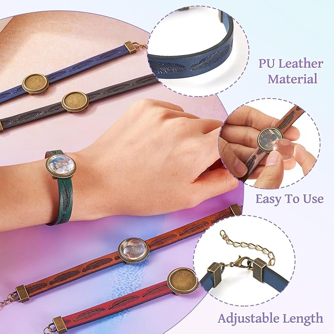 FASHEWELRY 5Pcs Adjustable Round Tray Bracelet Kits PU Leather Cord Bracelet Blanks Bezel Tray Settings with Round Glass Cabochons for Jewelry Making (Antique Bronze)