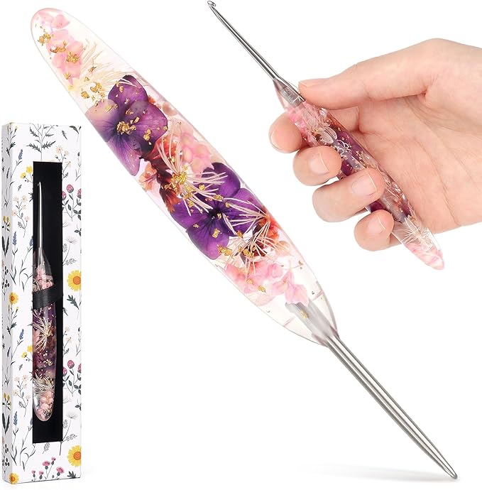 Katech 2.5mm Crochet Hook for Arthritic Hands, Hand-Polished Stainless Steel Ergonomic Crochet Hooks with Customized Sparkle Dried Floral Grip, Soft Tapered Hook-Crochet Gift for Beginner & Crocheter