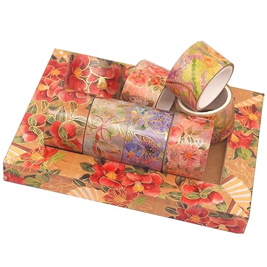 YUBBAEX Blooming Washi Tape Set Gold Foil Masking Tape Peony Wide Decorative for Arts, DIY Crafts, Journal Supplies, Planners, Scrapbook, Card/Gift Wrapping -25mm- (Red Flowers)