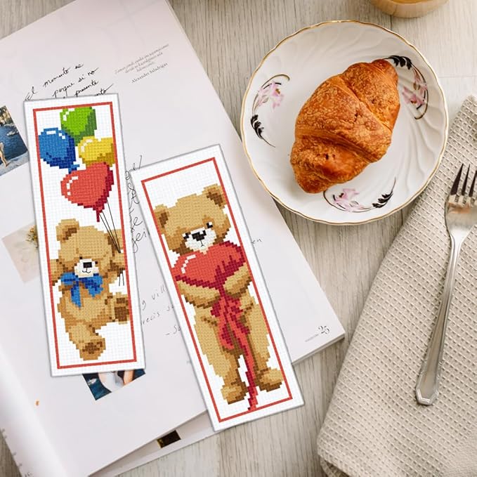INFUNLY 6PCS Brown Bear DIY Cross Stitch Bookmark Kits 8.5"×2.9" Cute Bear Stamped Embroidery Kits with Instructions Balloons Gift Box Needlepoint Bookmark Kits for Book Lovers Readers Writers
