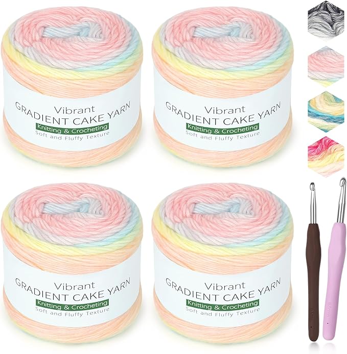 Katech Ombré Yarn for Crocheting-Gradient Cake Yarn-4x100g 60% Cotton 30% Acrylic 11% Wool-Multicolor Soft Rainbow Cotton Crochet Yarn for Scarves, Shawls, Blankets and Garments(P)