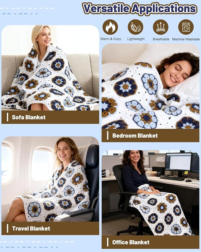Coopay Crochet Blanket Kit for Beginners, All-in-One Granny Square Blanket Kit with Step-by-Step Video & Enough Yarns - Master Granny Square Crocheting Easily, Ideal Gift for Craft Lovers (Mocha Blue)