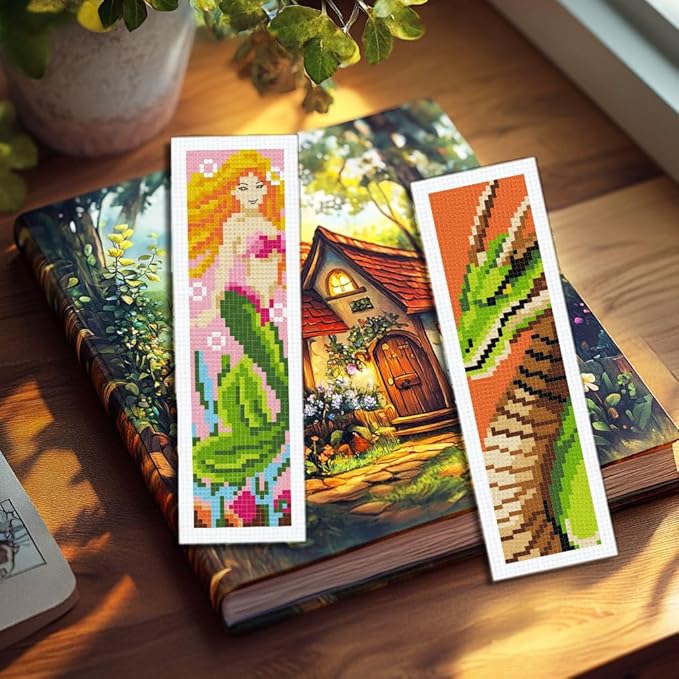 INFUNLY 6 Set Fairytale Elements Cross Stitch Bookmark Kits 8"x2.4" DIY Mermaids Embroidery Bookmark Kits for Beginners with Instruction Cartoon Castle Bookmark Making Kit for Book Lovers Reader Gift