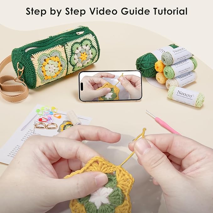 Noocro Crochet Kit for Cylindrical Bucket Bag, Purse, Complete DIY Kit with Detailed Instructions, Video Tutorials, for Beginners with Basic Crochet Knowledge or Intermediate and Advanced Crocheters